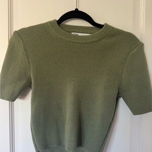 ZARA Sage Green Short Sleeve Knit Sweater Top | Size L